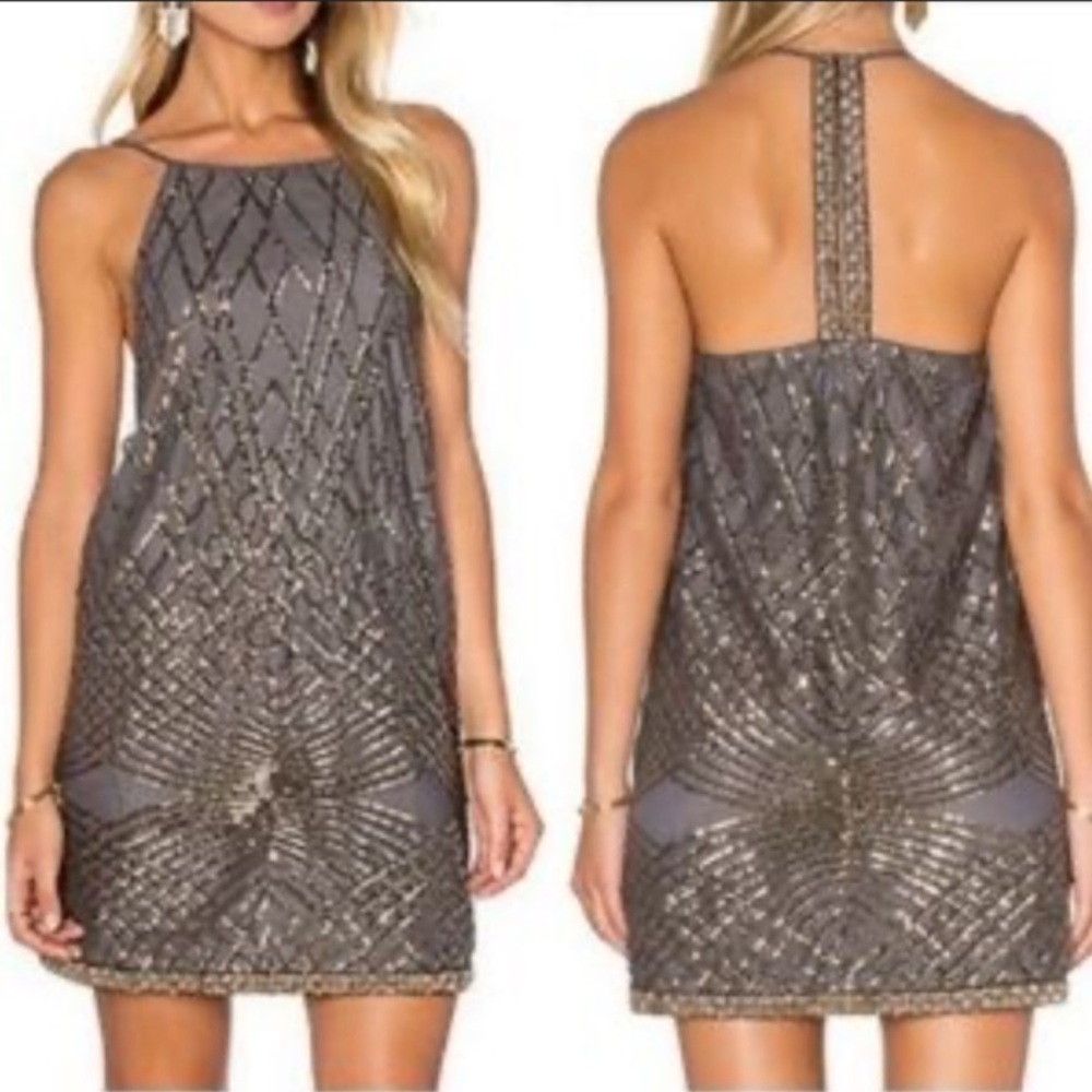 Saylor | A-line Mini Dress Gray Gold/Brown Sequins XS Formal Event Gown